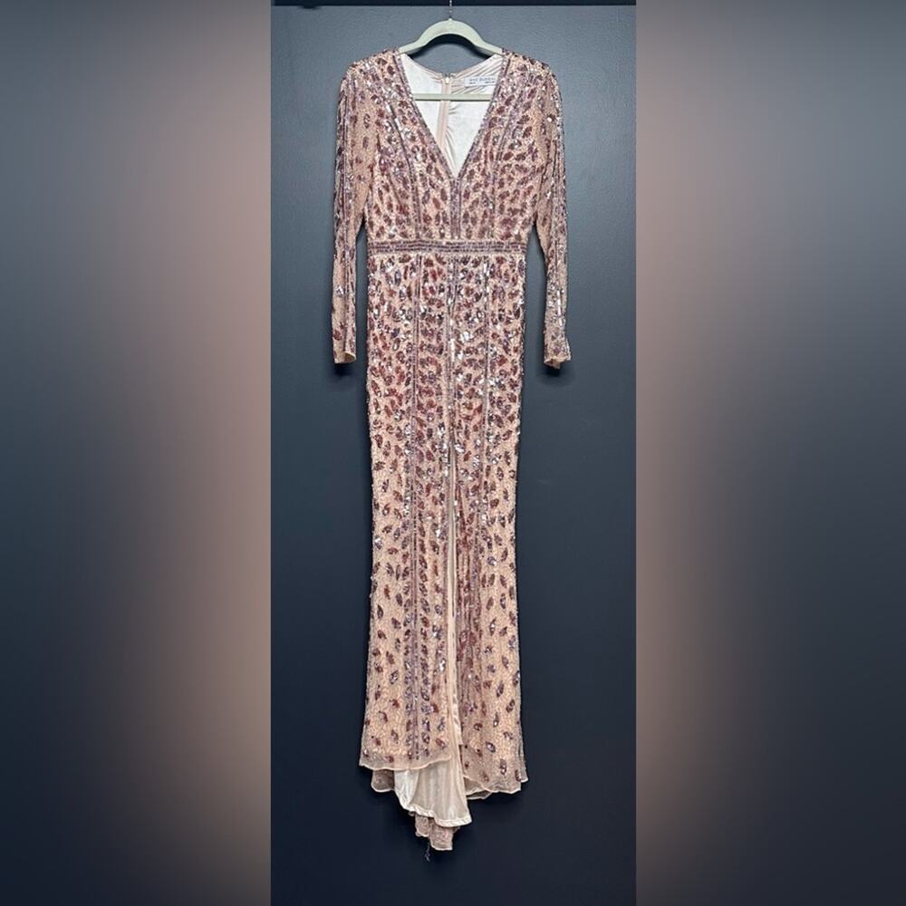 NEW Mac Duggal Embellished Front Slit Long Sleeve Gown Rose Gold 10 5502 - Picture 2 of 6